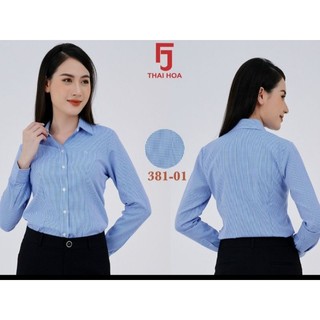 (CÓ SẴN)Áo sơ mi nữ Thái Hòa sọc caro màu xanh vải sợi tre pha cotton và poly