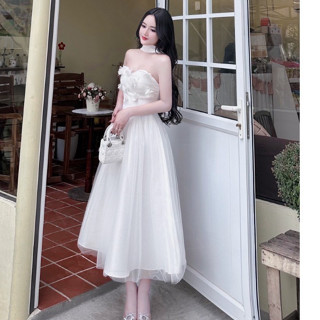  Đầm đi tiệc tafta cúp ngực đính hoa phối voan váy thiết kế đi bàn dáng dài tiểu thư dây vòng cổ form chuẩn ngắn dài . 