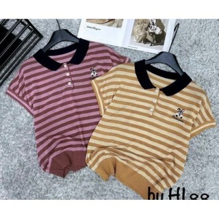 Áo len mongtoghi nữ , áo len nữ cổ sen tay hến sọc ngang , hình thêu con thỏ HAPPY