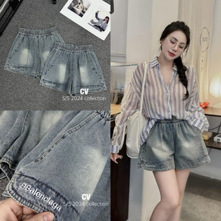 Quần short denim cạp chun ống rộng lưng cao thêu hoạ tiết gấu cho nữ phong cách hiện đại