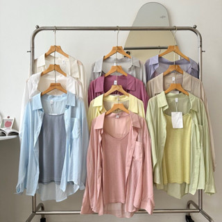 (Mã giảm 25k)  Set combo áo sơ mi nữ tơ gân tomorrow kèm áo 2s Retro Vintage khoác ngoài đi biển Quảng Châu loại 1