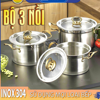 Bộ 3 nồi inox cao cấp, thiết kế sử dụng đa năng, tiện lợi, chất liệu inox 304 đúc nguyên khối không gỉ, độ bền cao