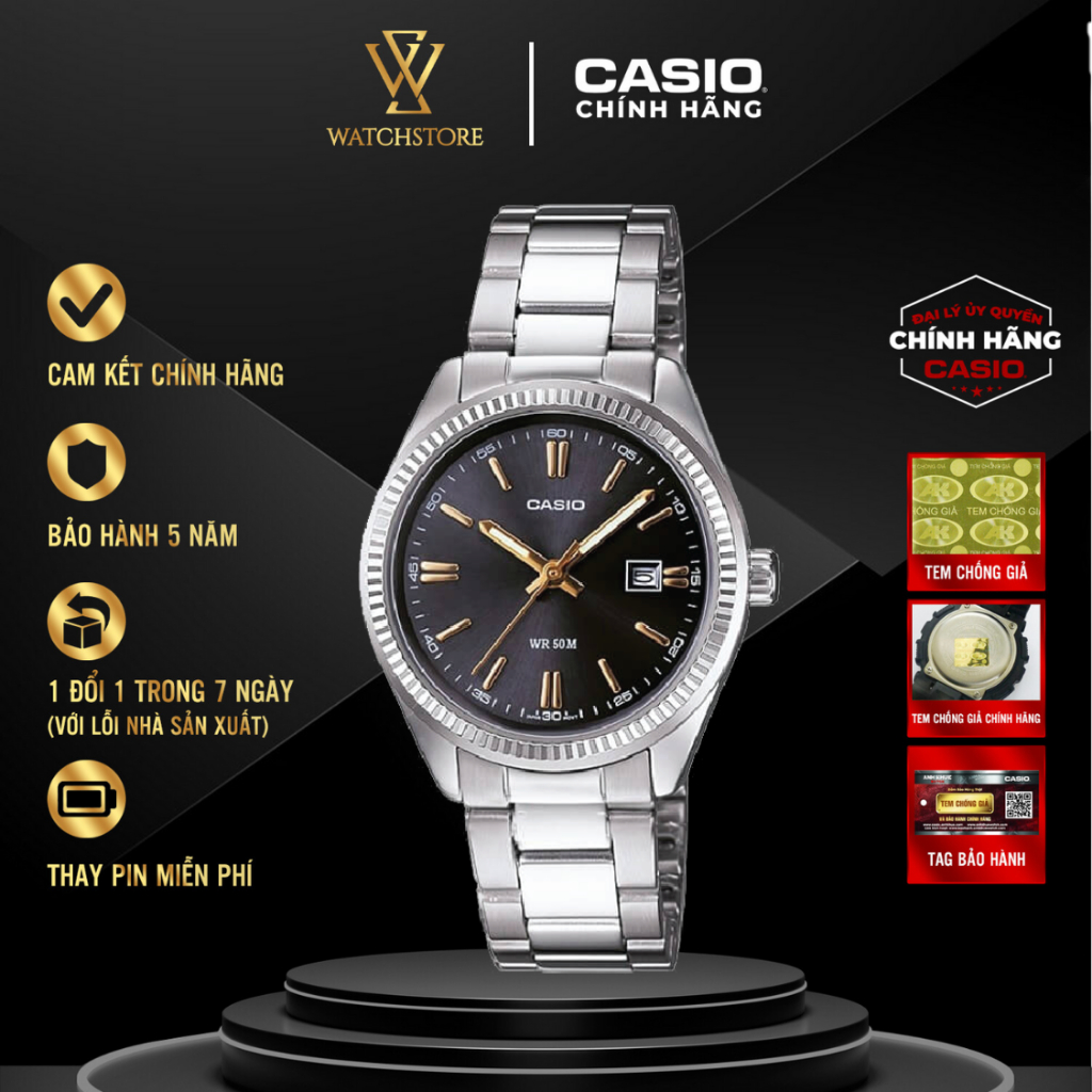 Đồng Hồ Nam MTP-1302D-1A2VDF Mặt Đen Kim Vàng Dạ Quang Kính Khoáng 38.5mm Chống Nước Dây Kim Loại Không Gỉ Chính Hãng