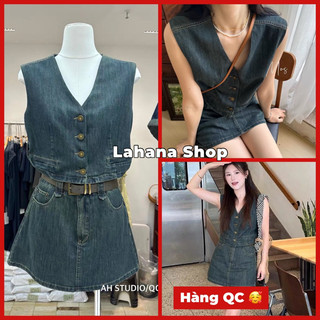 Lahana@ set bò chân váy vintage ngắn áo bò gile hàng qc