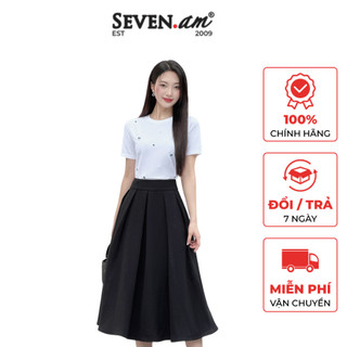 Áo thun trắng ngắn tay cotton dáng basic đính đá thòi trang nữ Seven.AM BOA0174I