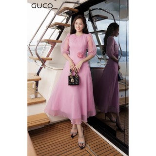 Đầm xòe midi organza có hoa - hồng 4587