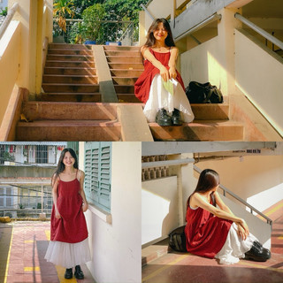 Váy 2 Dây Đỏ/ Vàng Hoa Nhí Xòe Rộng Vintage Xô Muslin Vui Hè Mát Rực Rỡ
