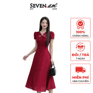 Đầm xoè thiết kế đỏ cổ trang trí thời trang công sở nữ Seven.AM OD0130I
