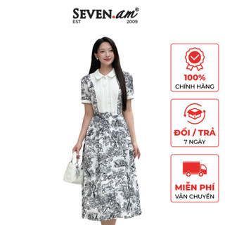 Đầm A tay cộc trắng hoạ tiết đen phối trang trí ngực trắng thời trang nữ Seven.AM OD0136I