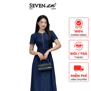 Đầm A tay cộc xanh trang trí khoá kéo đai eo thời trang nữ Seven.AM OD0128I