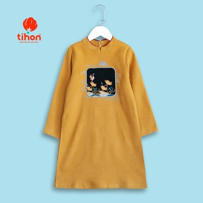 Áo dài cách tân bé trai TIHON đáp vuông thêu hoa sen  AD0750337