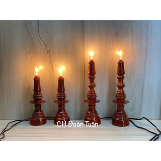 Cặp đèn bàn thờ gỗ tràm - đèn cầy nến gỗ sử dụng bóng ớt để bàn thờ gia tiên