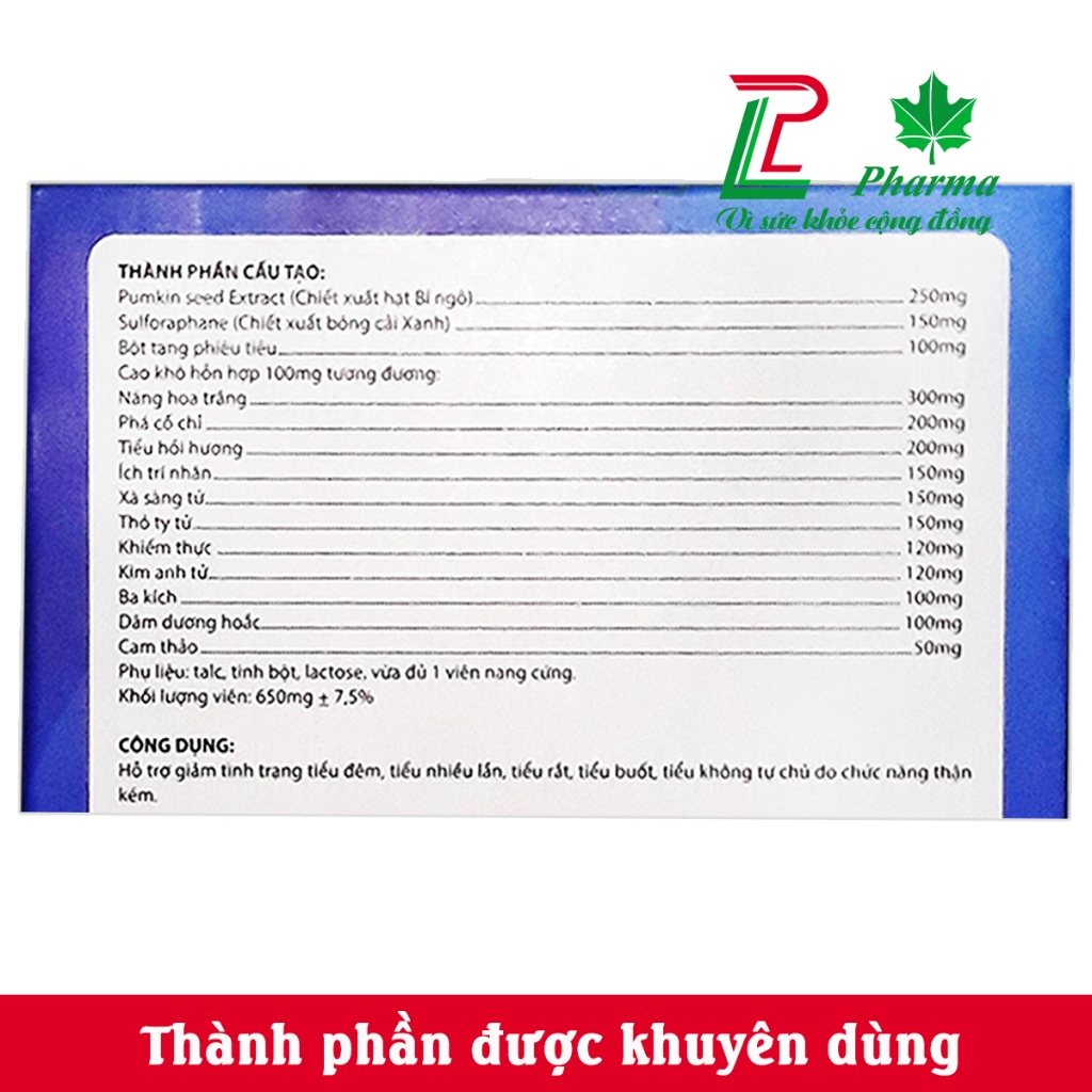 Viên uống giảm tiểu đêm TĐ LP Pharma - Hộp 60 viên giúp bổ thận, giảm tiểu đêm tiểu rắt tiều nhiều lần - 100% thảo dược