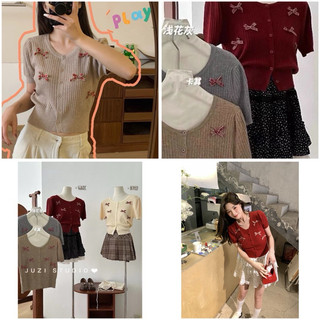 Áo len đũa dệt kim đính nơ croptop - len mongtoghi mỏng