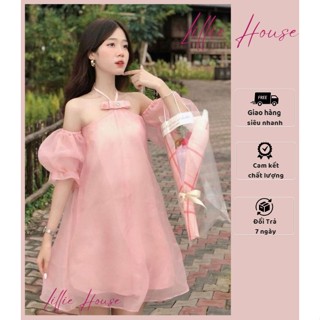 Váy tiểu thư trễ vai tay bồng dáng rộng chất voan 2 lớp nơ ghim cài áo đính đá Đầm hở vai cổ yếm bánh bèo