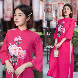 G17-Áo dài linen cánh sen thêu hoa/ aodailynka88