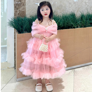 [Kèm Bờm] Váy Hai Dây Ngọc 3 Tầng Bèo Bồng Bềnh Xinh Xắn Cho Bé Gái