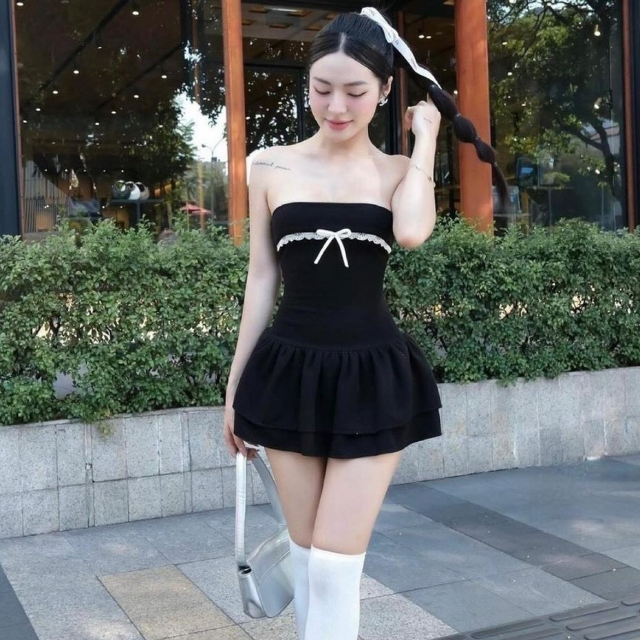 Váy Cúp Ngực Đính Nơ Dáng Ngắn