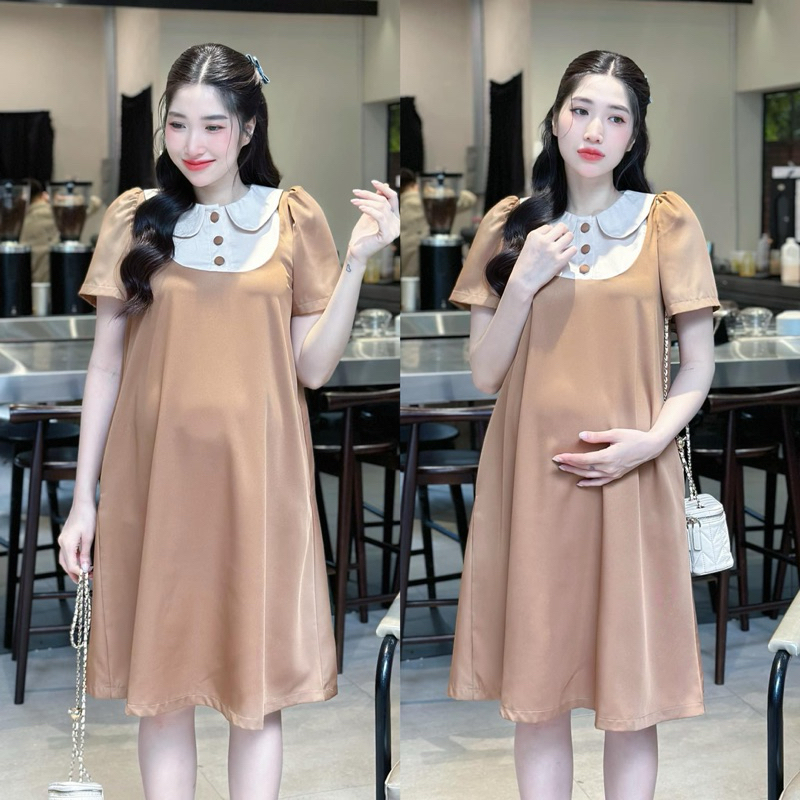 EVERMOM | Đầm bầu karo đỏ phối cổ hai lớp đính nơ Riri