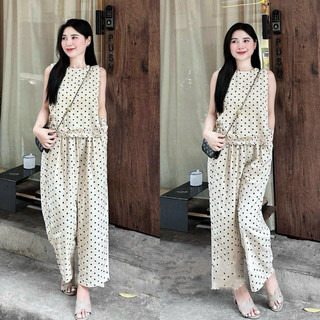 [Kim Clothing] Set bộ nữ chấm bi áo sát nách viền tà bèo form rộng + quần baggy có túi lưng thun
