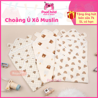 Choàng ủ cho bé sơ sinh xô muslin 4 lớp, chăn ủ choàng cho bé có nón khăn quấn bé đa năng