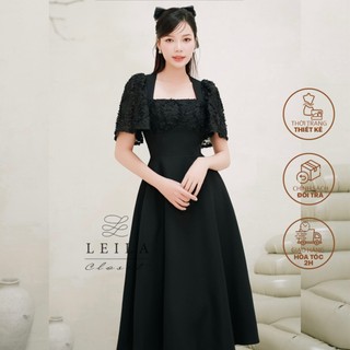 LEILA CLOSET | Đầm thiết kế Elen đen xoè dài phối tay ren lưới cổ vuông sang trọng