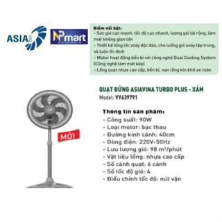 Quạt đứng Asia Turbo PLus 90w VY639791 màu Xám, sải cánh 40cm sử dụng văn phòng, phòng khách, phòng ngủ