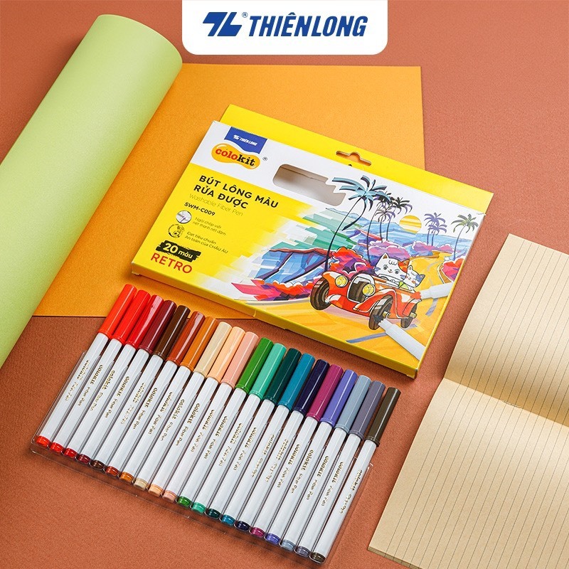 Bút lông màu Fiber Pen 20 màu Retro Thiên Long Colokit rửa được ngòi chóp SWM-C009
