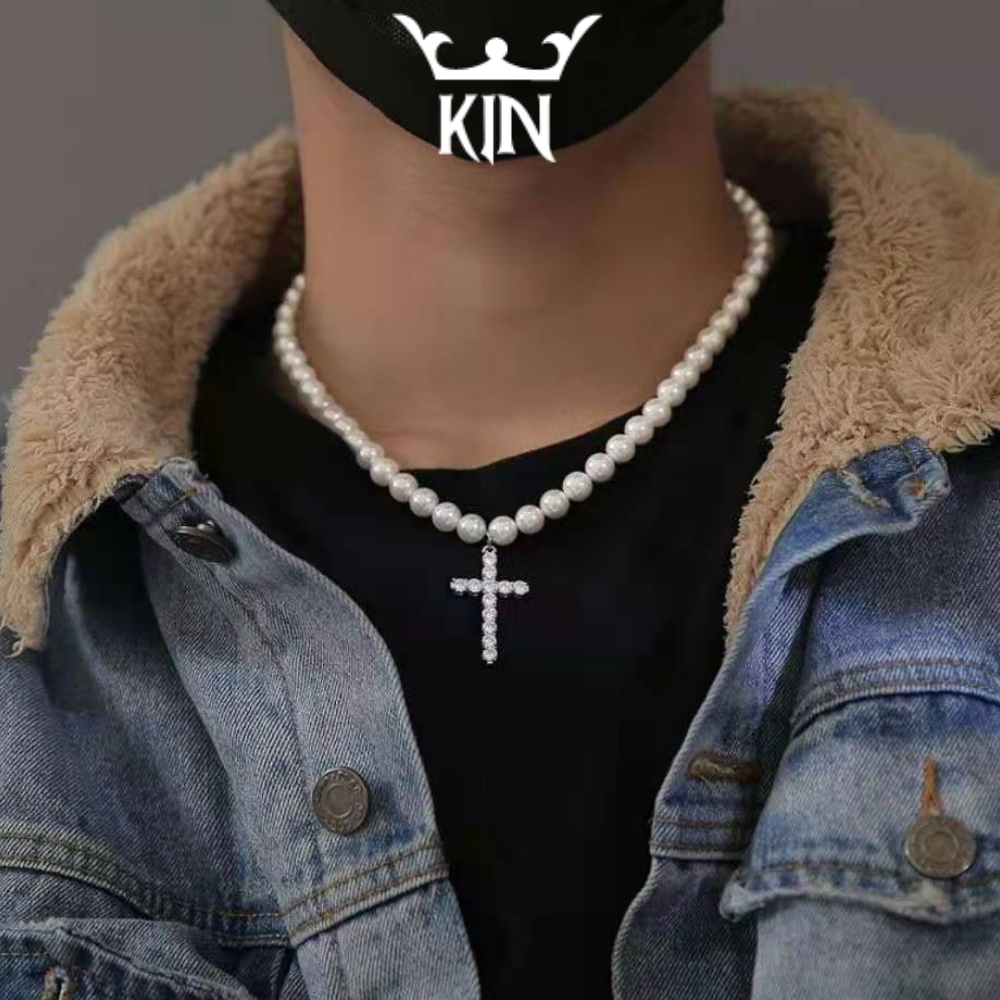 Vòng Cổ Ngọc Trai Nhân Tạo Mặt Thánh Giá Chữ Thập Đính Đá Phong Cách Hiphop Dành Cho Cả Nam Và Nữ Ki