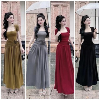 Đầm Body Cổ Vuông Hoa Eo dáng xòe dài
