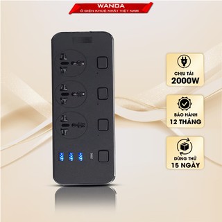 Ổ điện đa năng chính hãng WANDA 3 cổng USB 15v sạc nhanh, 1 type c, chống cháy, ổ chịu tải 2000W , nhựa pp