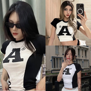 Áo baby tee tay ngắn chữ A phối tay raglan, áo thun ôm body chất tăm borip co giãn