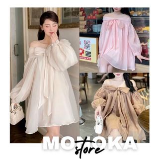 Váy trễ vai tay bồng form rộng nơ to nàng thơ Đầm tiểu thư công chúa dáng xòe trắng hồng nâu dài tay T103G MONOKA MNK