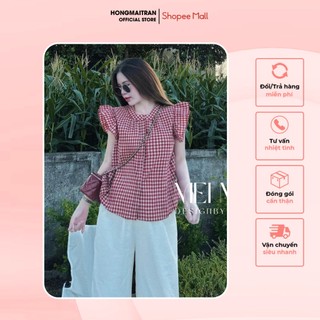  Set áo kẻ đỏ tay cánh tiên kèm quần suông trắng siêu dễ thương Hong Mai Tran ST13971 