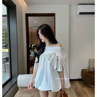 Áo trễ vai dáng tay phồng khoét tay phối nơ 2 màu trắng đen, bầu bí bon chen thoải mái, Đầm trễ vai_Rosey.closet