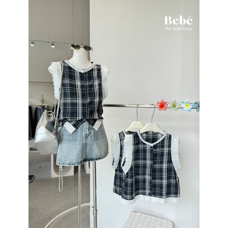 Áo kẻ sát nách phối ren QCCC