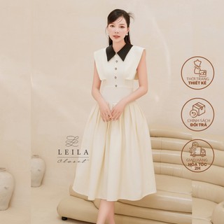 LEILA CLOSET | Đầm thiết kế Kira kem tùng dài xếp li phối cổ đen không tay cách điệu