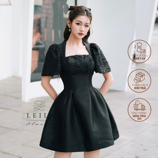 LEILA CLOSET | Đầm thiết kế Jolie cổ vuông tay chuông phối ren lướt chiết eo tùng xoè ngắn