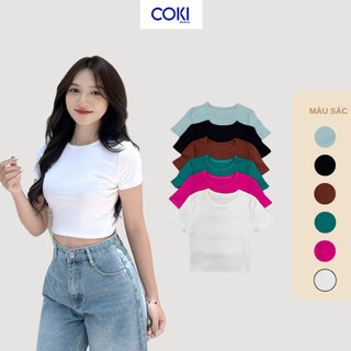 Áo thun croptop cotton co giãn cổ tròn ôm trơn basic nhiều màu COKI
