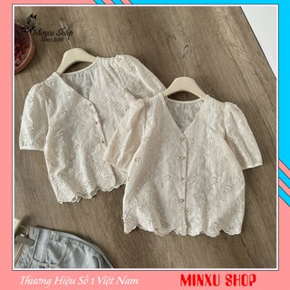 Áo Sơ Mi Ren Cổ V Đính Cúc Ngọc Sang Chảnh Thêu Hoa Nổi Xinh Xắn Minxu Shop SOM05