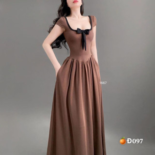 đầm cổ vuông viền ngực nơ tay ngắn hở lưng 1 dây ngang dáng maxi dài