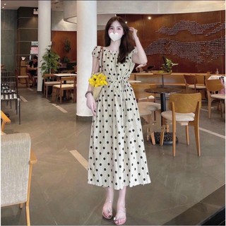 Đầm váy thời trang nữ/đầm babydoll chất lụa váy chấm bi dáng dài tay nhún mặc 2 kiểu siêu xinh