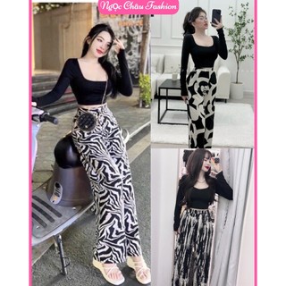 Set áo tay dài croptop cổ vuông thun tăm phối quần quần rằn ri màu đen form 38-56kg