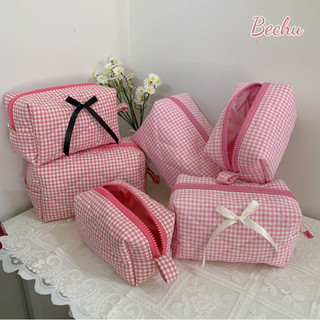 Pouch makeup caro túi đựng mỹ phẩm chần bông kẻ nhí hồng dâu