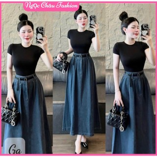 Set áo đen trơn tay ngắn cổ tròn + chân váy jean dài tặng kèm nịt form 38-55kg