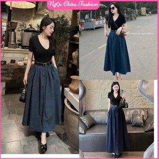 Set áo đen trơn tay ngắn cổ tim + chân váy jean dài có túi tặng kèm nịt form 38-55kg