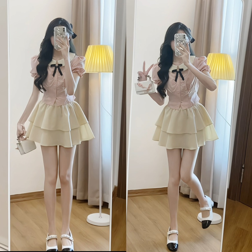 Set áo sơ mi trắng hồng  chiết eo tiểu thư xixeoshop - S95 | BigBuy360 - bigbuy360.vn