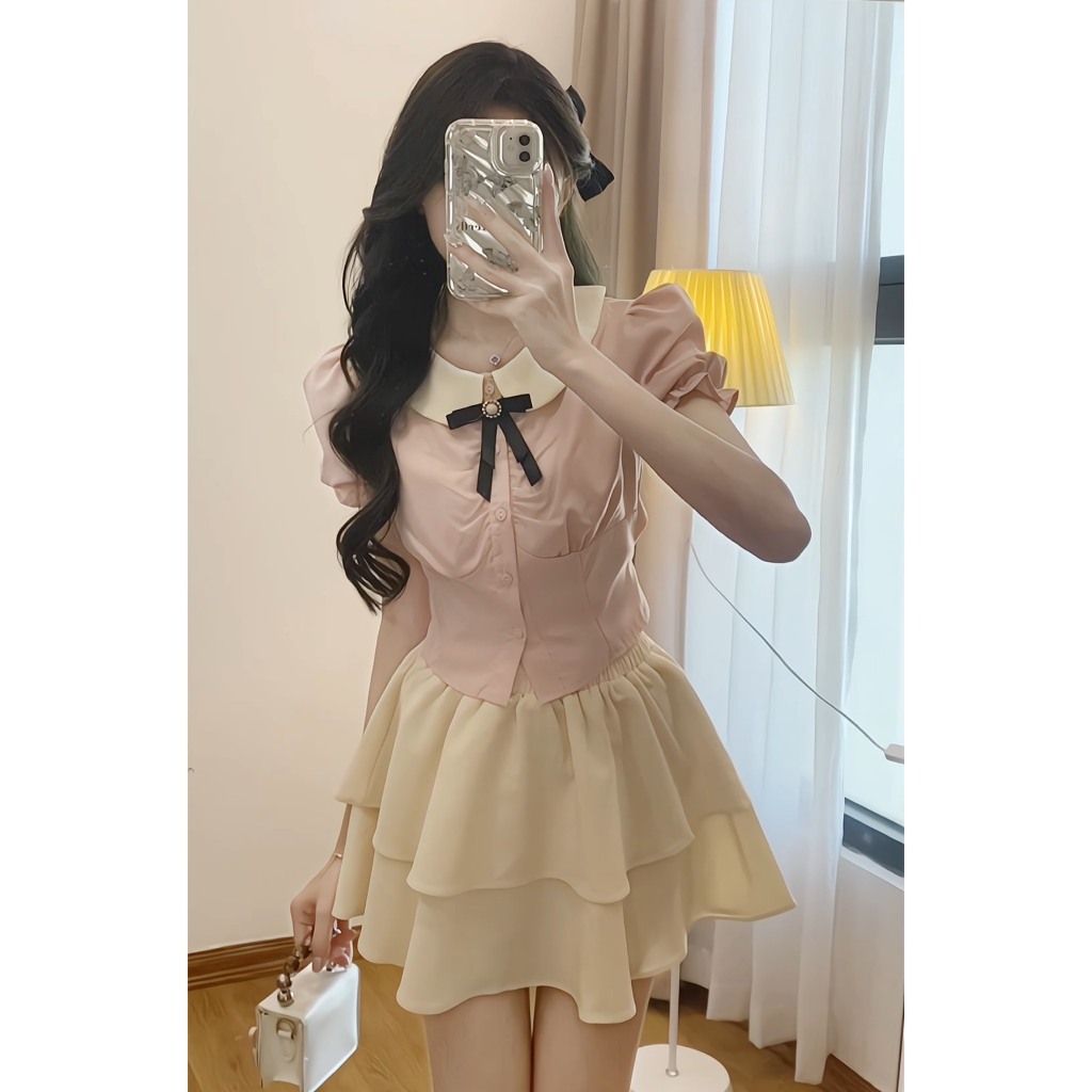 Set áo sơ mi trắng hồng  chiết eo tiểu thư xixeoshop - S95 | BigBuy360 - bigbuy360.vn