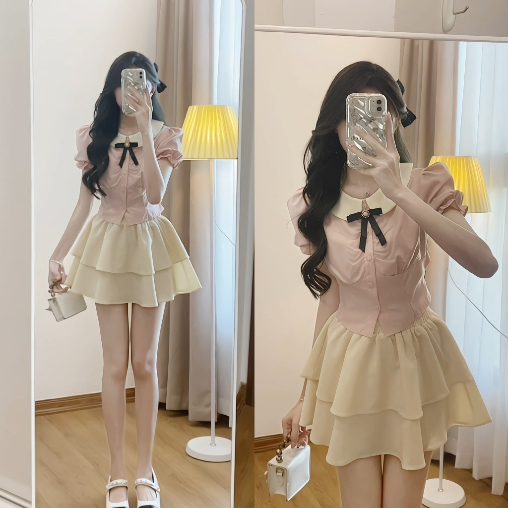 Set áo sơ mi trắng hồng  chiết eo tiểu thư xixeoshop - S95 | BigBuy360 - bigbuy360.vn