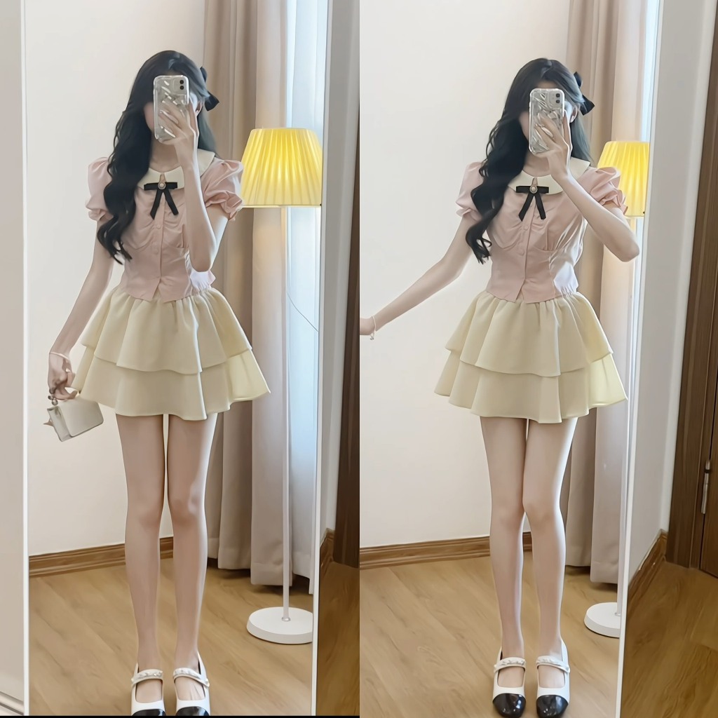 Set áo sơ mi trắng hồng  chiết eo tiểu thư xixeoshop - S95 | BigBuy360 - bigbuy360.vn